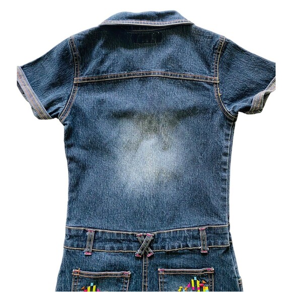 Miss Jeans Girls Embroidered Blue Denim Dress Silver Buttons Colorful Pockets 6X - Picture 8 of 10